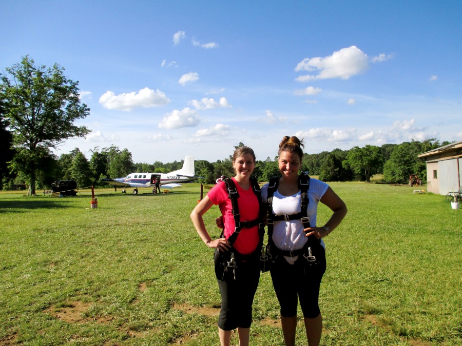 Two girls in skydiving gear