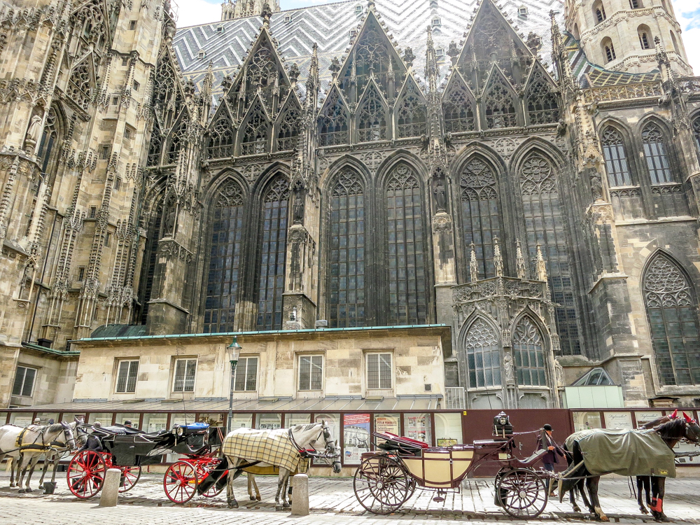 ST. Stephens Cathedral In Vienna Austria with horse and carriages waiting beside. 